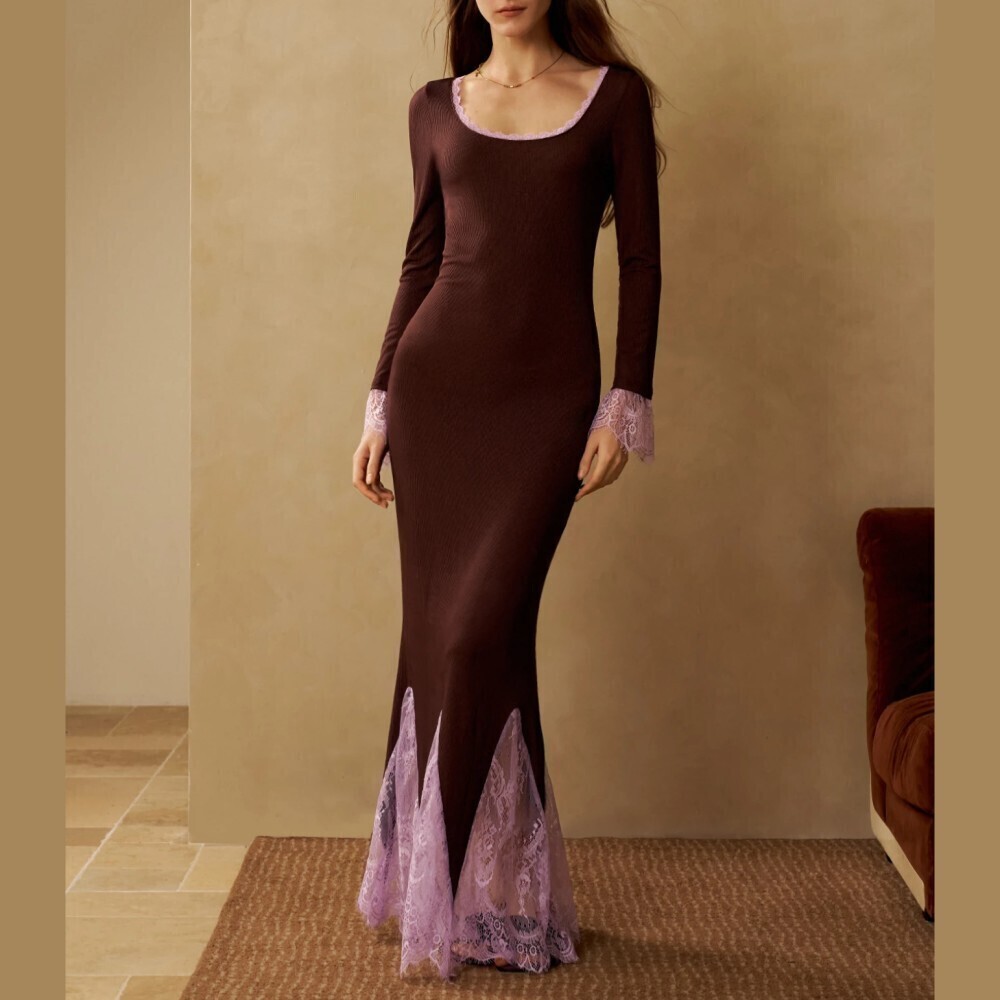 Brown Ribbed Knit Lavender Lace Trim Scoop Neck Fishtail Maxi Dress
